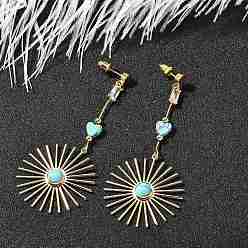 Настоящее золото 18K Серьги-гвоздики из латунного микро-паве, с синтетическими бирюзовый, плоско-круглые, реальный 18 k позолоченный, 70x30 мм