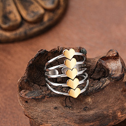 Сердце 304 открытые кольца-манжеты из нержавеющей стали для женщин, золотые и нержавеющая сталь цвет, сердце, 15~20 мм