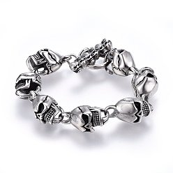 Antique Silver Retro 304 Stainless Steel Link Bracelets, with Toggle Clasps Clasps, Skull, Antique Silver, 8-5/8 inch(22cm), 13.5~34x15mm