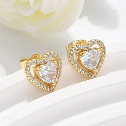 Настоящее золото 16K Серьги-гвоздики из латунного микро-паве, сердце, реальный 16 k позолоченный, 11.5x12 мм