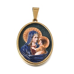 Golden Ion Plating(IP) Printed Religion 304 Stainless Steel Pendants, with 201 Stainless Steel Snap On Bails, Oval with Virgin Mary & Child Charms, Colorful, Golden, 35.5~36x26~27x4~5.5mm, Hole: 8x4mm