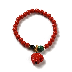Elephant 6mm Round Cinnabar Mala Stretch Bracelets, with Synthetic Malachite and Natural Agate, Elephant, Inner Diameter: 2 inch(4.95~5.1cm)