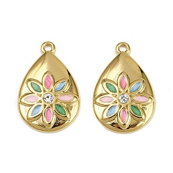 Разноцветный 304 нержавеющей стальной эмали подвески, со стразами, слезинка с цветочными подвесками, реальный 18 k позолоченный, ионное покрытие (ip), красочный, 20x13x3 мм, отверстие : 1.2 мм