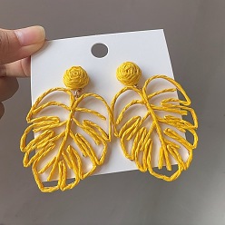 Золотистый Серьги-гвоздики из железной рафии, лист, золотой свет, с 316 штифтов из нержавеющей стали, золотые, 70x45 мм