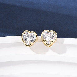 Сердце Серьги-гвоздики из латунного микро-паве, стойки покрытие, долговечный, без кадмия и без свинца, реальный 18 k позолоченный, сердце, 8.5x8.5 мм