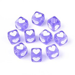 Средний Фиолетовый Прозрачные акриловые бусины, окрашенные спреем, Куб с сердцем, средне фиолетовый, 7x6.5x6.5 мм, отверстие : 3.8~4 мм, Около 2270 шт / 500 г