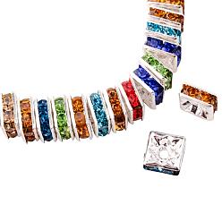 Silver Silver Plated Brass Rhinestone Spacer Beads, Grade A, Square, Nickel Free, Silver, 6x6x3mm, Hole: 1mm