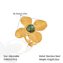 Настоящее золото 18K 304 женские кольца-манжеты из нержавеющей стали с натуральными драгоценными камнями, цветок, реальный 18 k позолоченный, 34.7 мм, внутренний диаметр: регулируемый