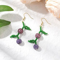 Dark Orchid Fruit Pave Disco Ball Beads Dangle Earrings, with Solid Round Brass Beads and Brass Earring Hooks and MIYUKI Round Rocailles Beads, Golden, Dark Orchid, 64.5x20mm
