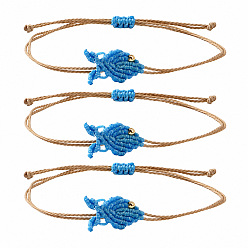 Dodger Blue Ocean Adjustable Braided Wax Cord Fish Link Bracelet Sets with Brass Beads for Women, Adjustable Stackable Bracelets, Golden, Dodger Blue, 11.02 inch(28cm), 3pcs/set