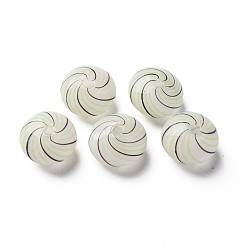 Honeydew Handmade Blown Glass Globe Beads, Stripe Pattern, Flat Round, Honeydew, 15x9.5~10.5mm, Hole: 1.6~2mm
