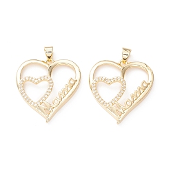 Настоящее золото 18K Подвески из латуни с микропаве и прозрачным кубическим цирконием на тему Дня матери, долговечный, без кадмия и без свинца, сердце со словом мама, реальный 18 k позолоченный, 29x23x3 мм, отверстие : 3.5x3 мм