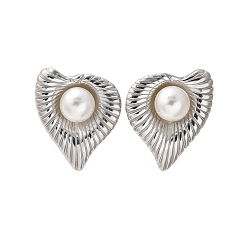 Нержавеющая Сталь Цвет Сердце 304 нержавеющей стали серьги, с пластиковой жемчужины, цвет нержавеющей стали, 29x25 мм