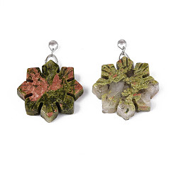 Унакит Природные подвески Unakite, подвески-снежинки с дужками из нержавеющей стали, цвет нержавеющей стали, 36~38x30x6.5~7.5 мм, отверстие : 3~4x4.5~5 мм