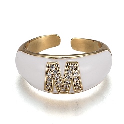 Letter M Brass Micro Pave Clear Cubic Zirconia Cuff Rings, Open Rings, with Enamel, Cadmium Free & Lead Free, Golden, Letter.M, US Size 7 1/4, Inner Diameter: 17.6mm