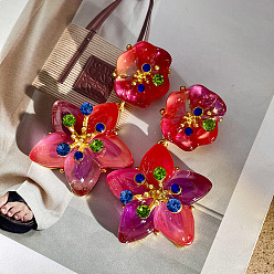 Светло-Вишневый Серьги-гвоздики из сплава с цветочным узором, со стразами и смолой, золотые, светло-вишневый, 67x39 мм