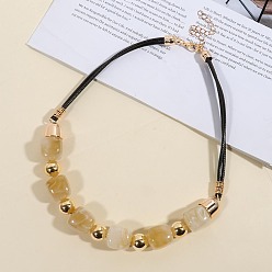 Light Khaki Resin Cube & Round CCB Plastic Beaded Necklaces with Leather Cords for Women, Light Gold, Light Khaki, 17.32 inch(44cm)
