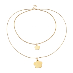 Golden 304 Stainless Steel Double Layer Necklaces, with Box Chains & Snake Chains, Flower, Golden, 20.15 inch(51.2cm)
