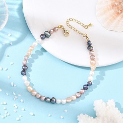 Colorful Natural Cultured Freshwater Pearl Beaded Anklets for Women, Two Sides Polished, Mixed Dyed and Undyed, Golden, Colorful, 9-1/8 inch(231mm)