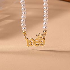 Number Женские ожерелья из круглого белого бисера с имитацией жемчуга и подвеской в виде короны в виде года рождения, золотые, число 1989, 14.96 дюйм (38 см)