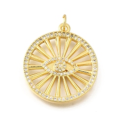 Настоящее золото 18K Латунные микро проложить кубического циркония подвески, плоский круглый с оберегами от сглаза, стойки покрытие, прочное покрытие, без кадмия и без свинца, с целью перехода в кольце, реальный 18 k позолоченный, 26x23x2.5 мм, отверстие : 3 мм
