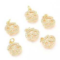 Рак Латунные микропаве прозрачные кубические циркониевые подвески, с прыжковых колец, реальный 18 k позолоченный, двенадцать созвездий, рак, 11x11x2 мм, отверстие : 2.6 мм