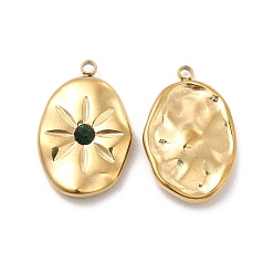 Папоротник Зеленый Вакуумное покрытие pvd 201 нержавеющая сталь с подвесками из стразов, овальные амулеты, реальный 18 k позолоченный, Папоротник зеленый, 20x13x3.5 мм, отверстие : 1.2 мм