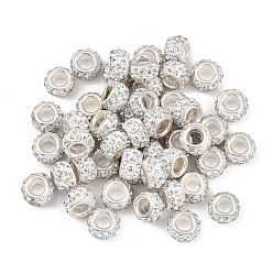 Cristal 50Cuentas europeas de arcilla polimérica con diamantes de imitación hechas a mano, abalorios de grande agujero, Rondana plana, con núcleos de latón plateado color plata, cristal, 10~12x7~8 mm, agujero: 5 mm