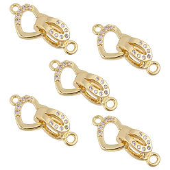 Настоящее золото 18K 5 комплекты латунных микропаве прозрачных кубических цирконий складные застежки, сердце, реальный 18 k позолоченный, 18 мм, Сердце: 8x11x1.5 mm, застежка : 10.5x4x5 mm, отверстие : 1.2 мм
