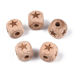 Звезда Гравированные бусины из бука, неокрашенными, кубические, звезда, 12x12x12 мм, отверстие : 4~4.5 мм
