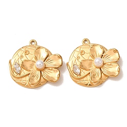 Golden 304 Stainless Steel with Crystal Rhinestone & ABS Plastic Imitation Pearl Pendants, Flower Charms, Ion Plating(IP), Golden, 23x24x6.5mm, Hole: 1.3mm