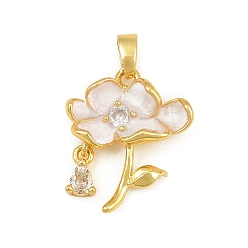 White Brass Micro Pave Clear Cubic Zirconia Pendants, with Enamel, Flower Charms, Real 18K Gold Plated, White, 19.5x16.5x4mm, Hole: 4.5x2.5mm