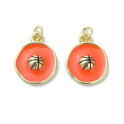Коралловый Латунь эмаль подвески, с целью перехода в кольце, реальный 18 k позолоченный, плоский круглый шарм, баскетбол, 17.5x14x3.5 мм, отверстие : 3.5 мм