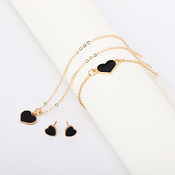 Черный Браслеты из сплава сердечек с эмалью, серьги-гвоздики и ожерелья с подвесками для женщин, чёрные, 420 мм