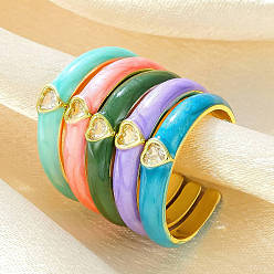 (52) Непрозрачная лаванда Открытые кольца манжеты из латуни с микропаве и кубическим цирконием, Эмаль стиле, сердце, золотые, разноцветные, 4 мм, внутренний диаметр: 17 мм