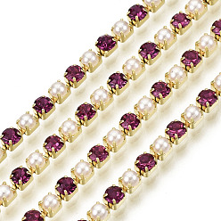 Fuchsia Brass Rhinestone Strass Chains, with ABS Plastic Imitation Pearl, Rhinestone Cup Chain, Grade A, Raw(Unplated), Fuchsia, 2x2mm, 4000pcs rhinestone/bundle, about 32.8 Feet(10m)/bundle