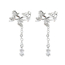 Платина Серьги-каффы из латуни с микропаве и кубическим цирконием, без кадмия и без свинца, долговечный, бантом, платина, 9x13.5x13 мм