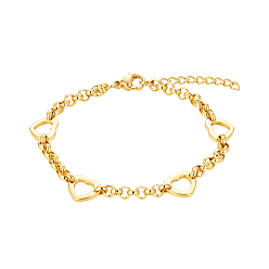 Golden 304 Stainless Steel Hollow Heart Link Chain Bracelets for Women, Golden, 6.69 inch(17cm)