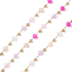 Темно-Розовый Ручной цепи стекло бисером, граненые, несварные, с 304 цепями из нержавеющей стали, золотые, круглые, темно-розовыми, 2~3x2~2.5 мм