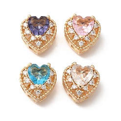(52) Непрозрачная лаванда Стойки обшивки латунь микро проложить кубического циркония бусы, со стеклом, долговечный, без свинца и без кадмия, золотые, сердце, разноцветные, 11x12x7 мм, отверстие : 1.6 мм