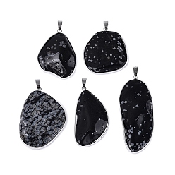 Снежный Обсидиан Естественно снежинка обсидиана подвески, латунные подвески в виде самородков в оправе, с кнопкой на поруки, платина, 41~67x27~42x4~11 мм, отверстие : 7x3.5 мм