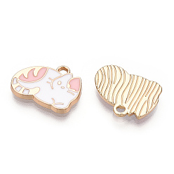 Pink Emaille Anhänger Legierung, cadmiumfrei und bleifrei, Katze, Licht Gold, rosa, 12.5x16x2 mm, Bohrung: 1.5 mm