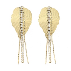 Real 18K Gold Plated Leaf 304 Stainless Steel Dangle Earrings, Rhinestone Stud Earrings for Women, Real 18K Gold Plated, 61x18.8mm