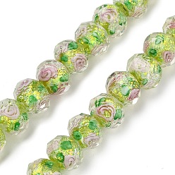 Зелено-Желтый Нити из фольги в технике лэмпворк, RONDELLE с цветком, граненые, зеленый желтый, 9.5~10x7.5~8 мм, отверстие : 1.1~1.5 мм, около 40 шт / нитка, 12.60'' (32 см)