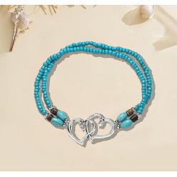 Темно-бирюзовый Стеклянные бусины и браслеты из сплава в форме сердца, темные бирюзовый, 2-3/4 дюйм (70 мм)