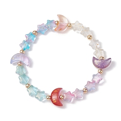 Colorful Moon and Star Glass Beaded Stretch Bracelet, Colorful, Inner Diameter: 2-1/8 inch(5.5cm)