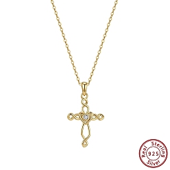 Real 14K Gold Plated 925 Sterling Silver Pave 5A Clear Cubic Zirconia Pendants, Heart Cross Charms, without Necklace, Real 14K Gold Plated, 27x15mm