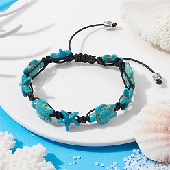 Dark Turquoise Synthetic Turquoise Starfish & Turtle Braided Bead Bracelet, with Polyester Cord, Dark Turquoise, Inner Diameter: 2-1/4~3-1/8 inch(5.8~8.05cm)