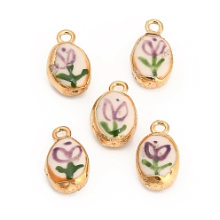 Púrpura Porcelana hecha a mano con colgantes de latón., ovalado con dijes de tulipán, pintado a mano, famille porcelana rosa, dorado, púrpura, 19.5~20x11.5~12x7.5~8 mm, agujero: 2.5 mm