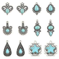 Mixed Shapes 12Pcs 6 Styles Imitation Turquoise Resin Pendants, with Antique Silver Tone Zinc Alloy Findings, Mixed Shapes, 22~28x12~23mm, 2pcs/style